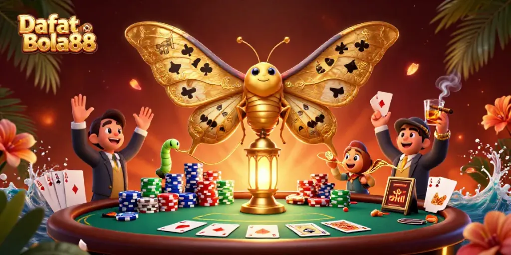 Join the excitement with Daftar Bola88's vibrant poker scene featuring majestic gold-accented characters.