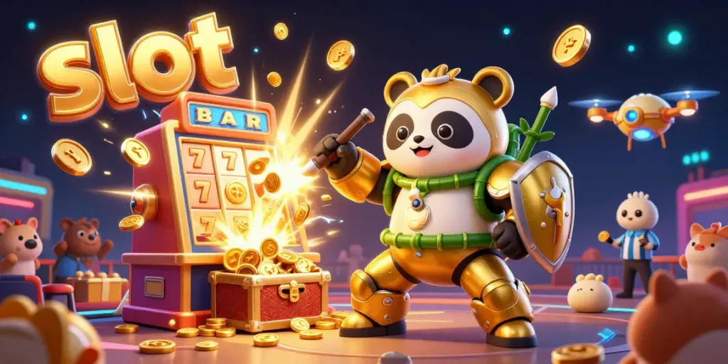 Experience slot excitement with a vibrant jackpot scene featuring a golden panda in action.