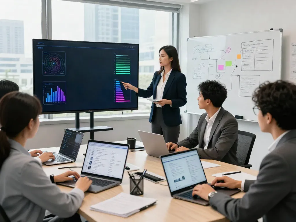 Engaged team members in deepfake protected meetings analyzing security protocols around a presentation screen.