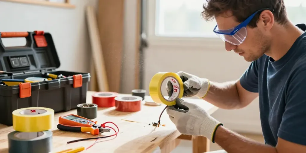 Situs Super33 application with a person using electrical tape during a DIY project in a well-lit garage.