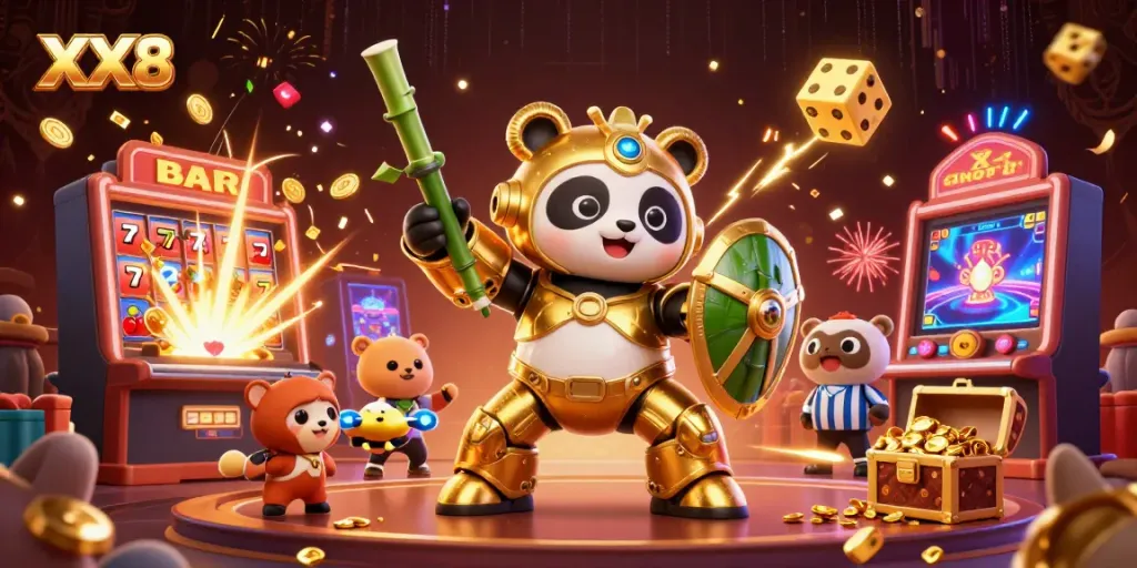 Experience the thrilling XX8 casino world with a dynamic golden panda robot piloting amidst vibrant game elements.