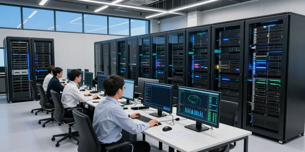 Modern AI data center with engineers monitoring GPU racks and power metrics.