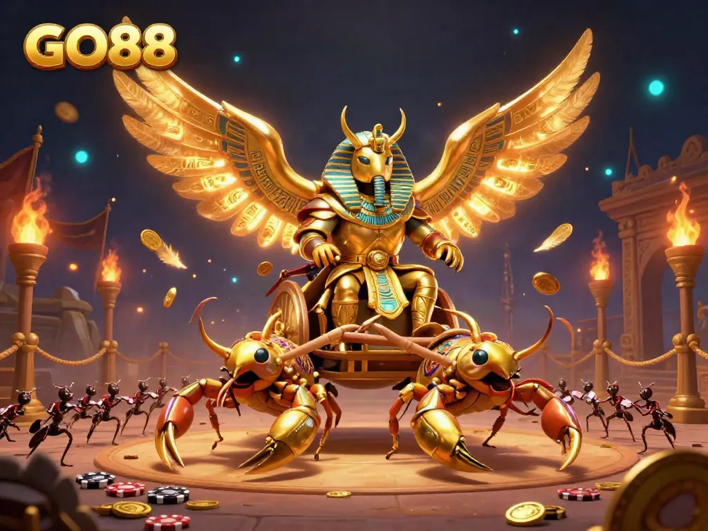 Engage in thrilling gaming with the vibrant GO88 illustration depicting a colossal scarab beetle in pharaoh armor.