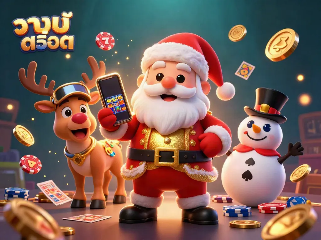 Experience รวมสล็อต with Santa and friends in a vibrant, interactive casino scene showcasing dynamic slot reels and rich casino elements.