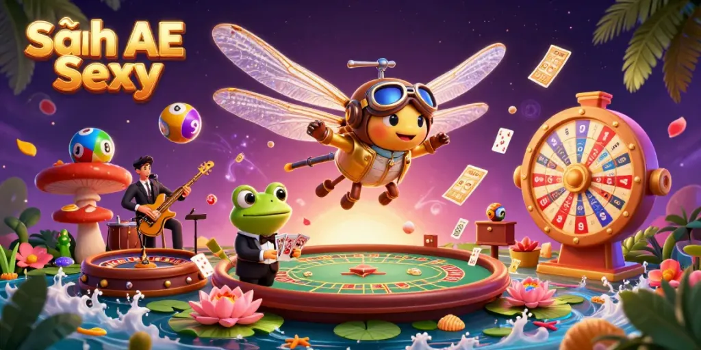 Experience the action at Sảnh AE Sexy with vibrant gaming elements and dynamic characters illustrating casino excitement.