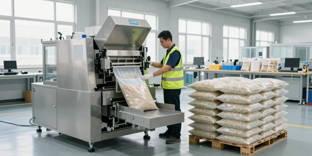 Open mouth bag filling machine in operation, filling bags efficiently in a modern factory.