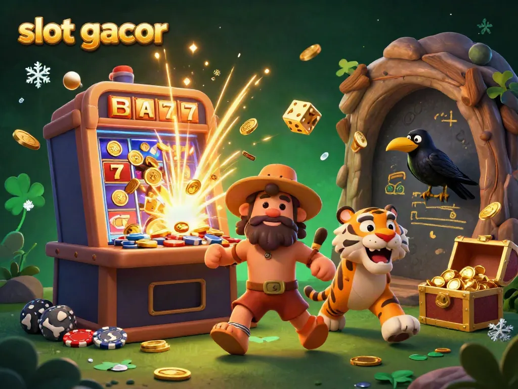 Experience the thrill of slot gacor with a dynamic 3D illustration of a caveman and sabertooth tiger in a casino.