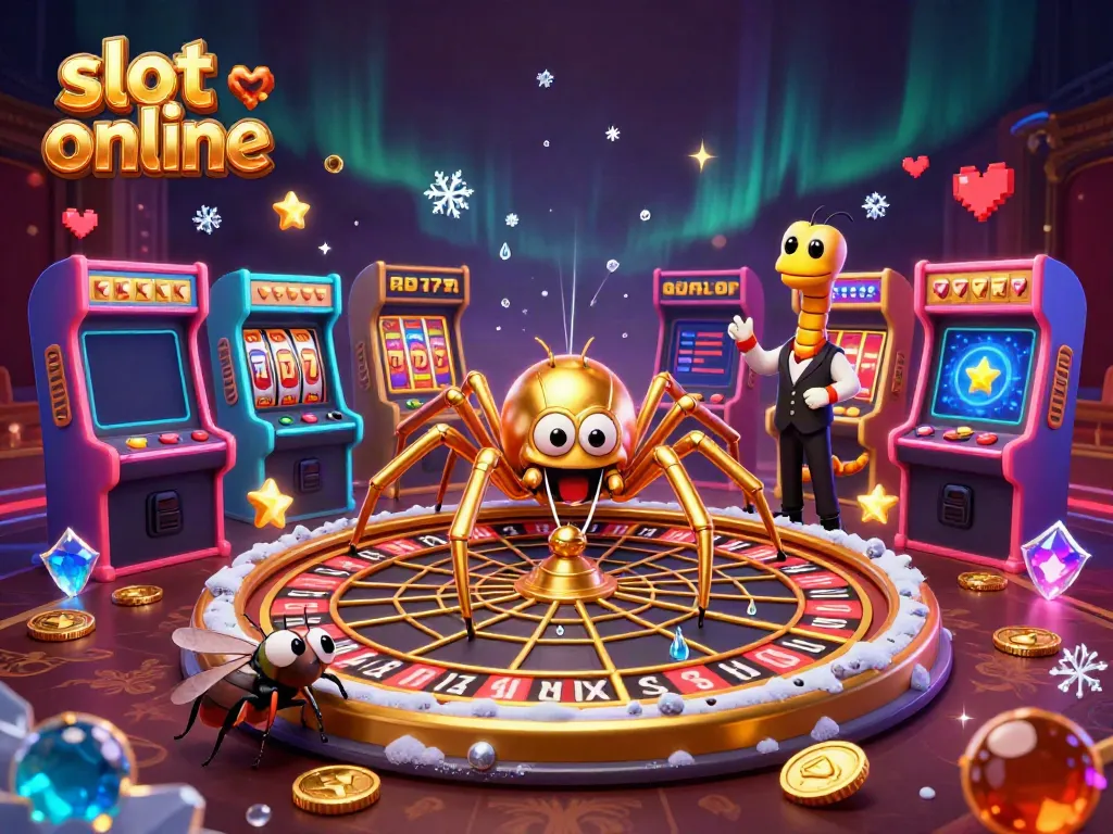 Experience the thrill of slot online gaming with a dynamic 3D scene featuring a spider and croupier.