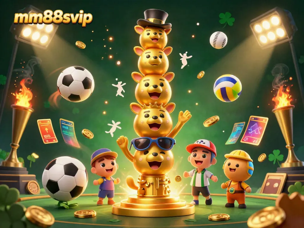 Experience the excitement of mm88svip with dynamic sports elements and a lively totem character.