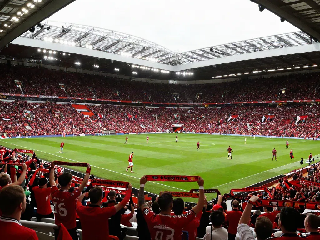 Stadium atmosphere during the Manchester United vs Liverpool match, showcasing passionate fans and intense action, emphasizing the rivalry.