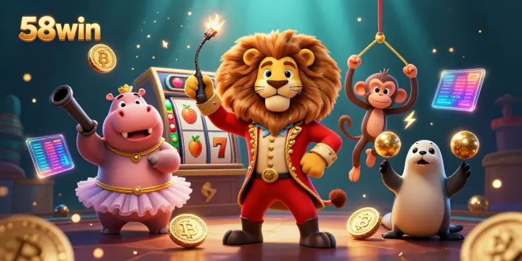 Engage with 58win in an action-packed casino scene featuring vibrant characters and slot elements.