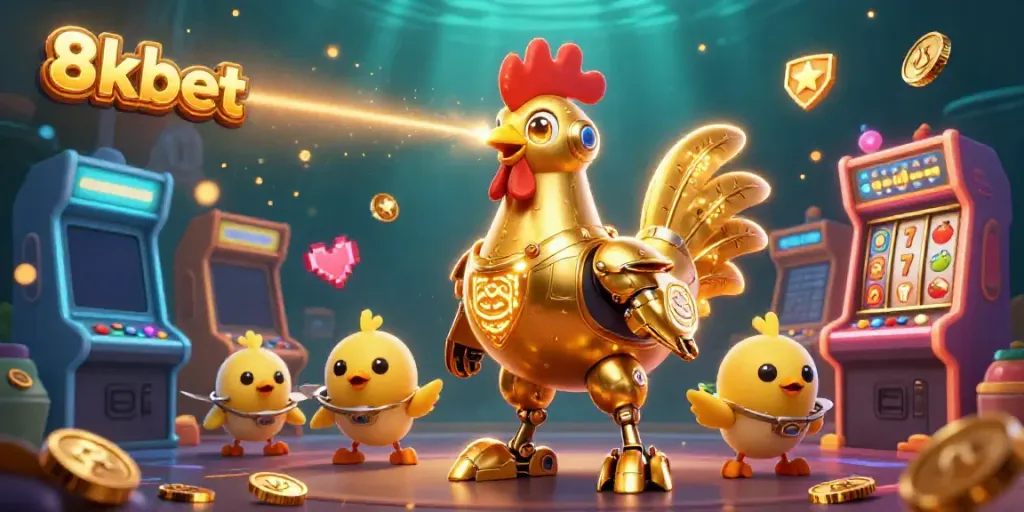 Experience thrilling slots with 8xbet featuring a golden rooster robot amidst vibrant gaming elements.