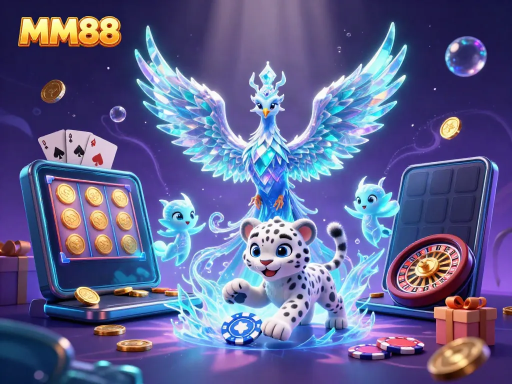 Engage with MM88's vibrant gaming experience featuring an ice phoenix and dynamic casino elements.