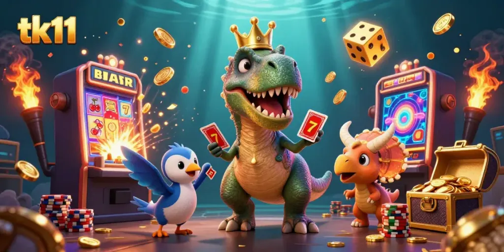 Experience exciting gameplay with tk11 in a dynamic casino scene featuring friendly dinosaurs.