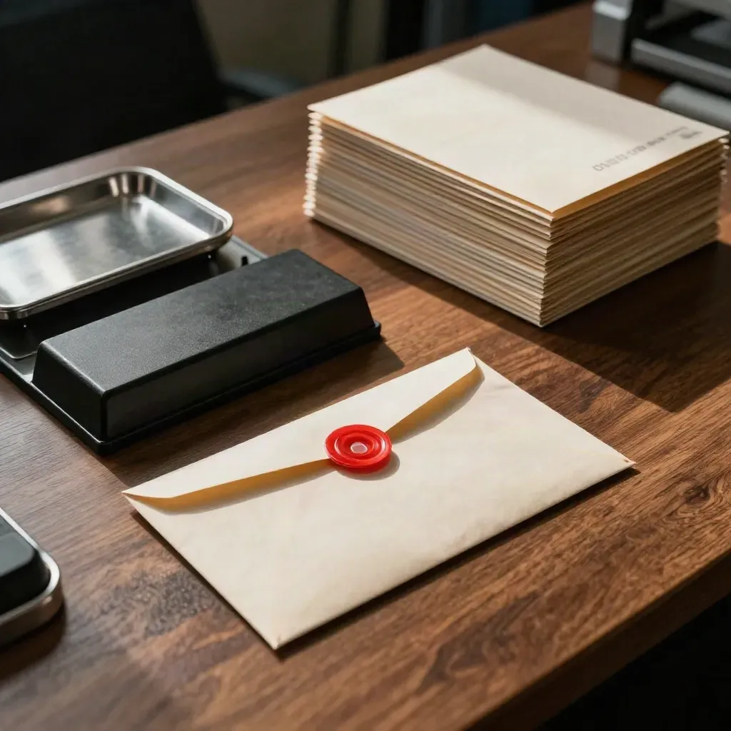 Top-down fraud review setup with tamper seal, opened envelope, inspection block and cheque stock