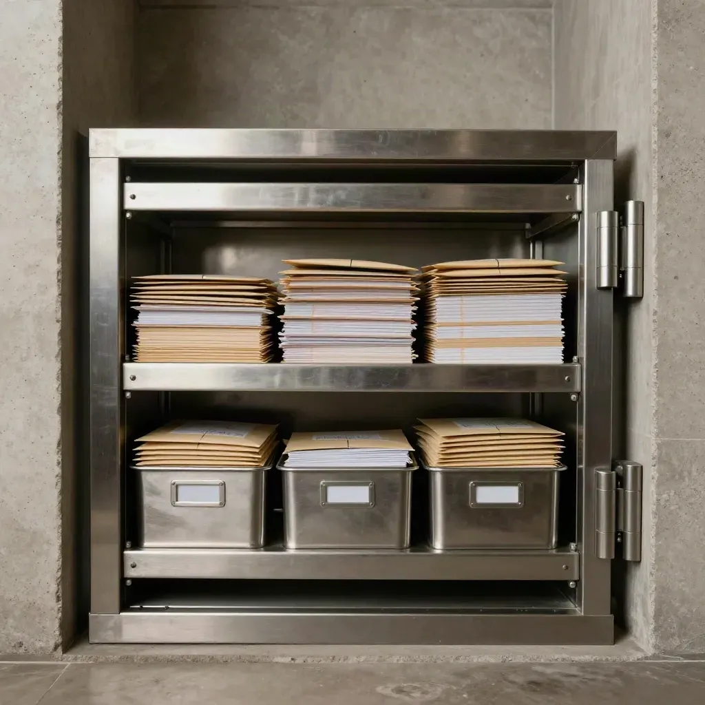 Brushed steel vault shelf with cheque bundles, sealed envelopes, and secure storage bins