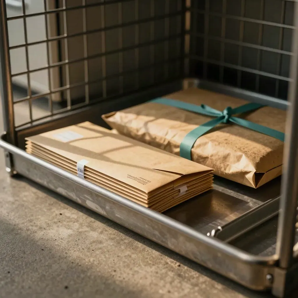 Cheque mail packs in a metal tray beside a locked mail cage, lit by warm afternoon sun.