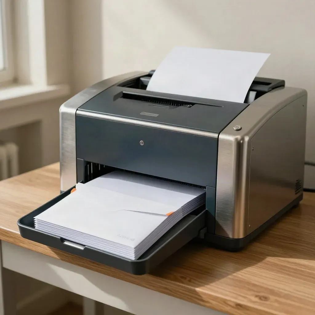 Secure cheque printer bay with blank stock, steel rails and sealed envelopes in warm daylight.