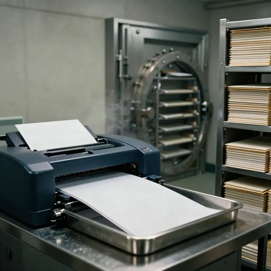 Cheque production suite with printer, trays, vault door and envelope bundles in dramatic misty light