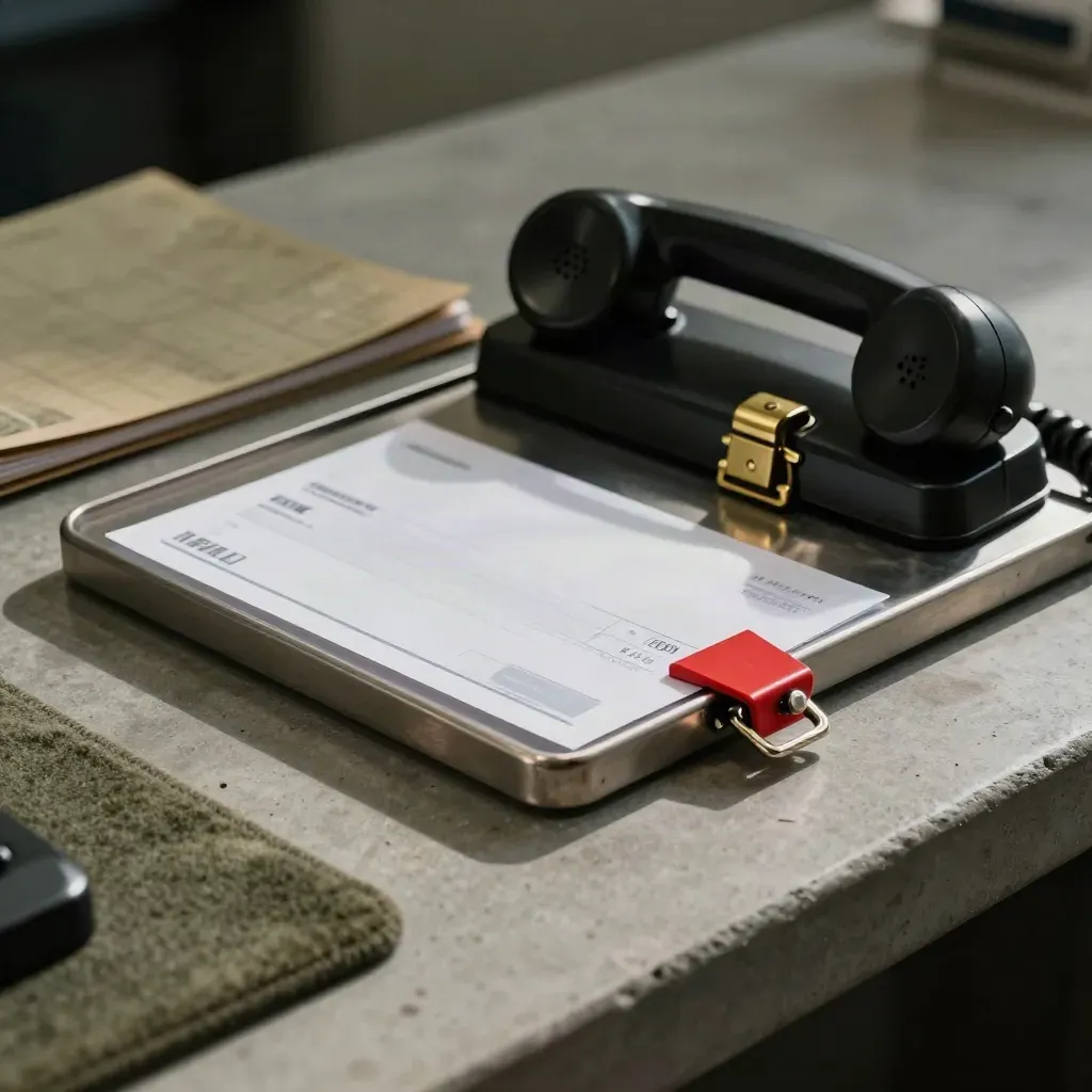 Stop-payment cheque support station with red clip, frosted sleeve, and locked cradle