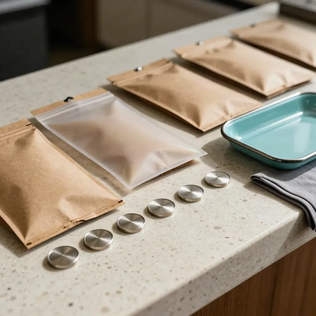 Deposit pouches, return sleeves, and stainless tally chips aligned on travertine counter
