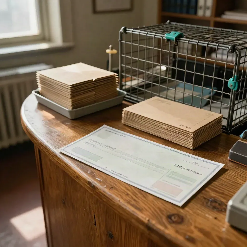 Empty grant mailing counter with sealed pouch, mailers, and locked cage in warm afternoon light.