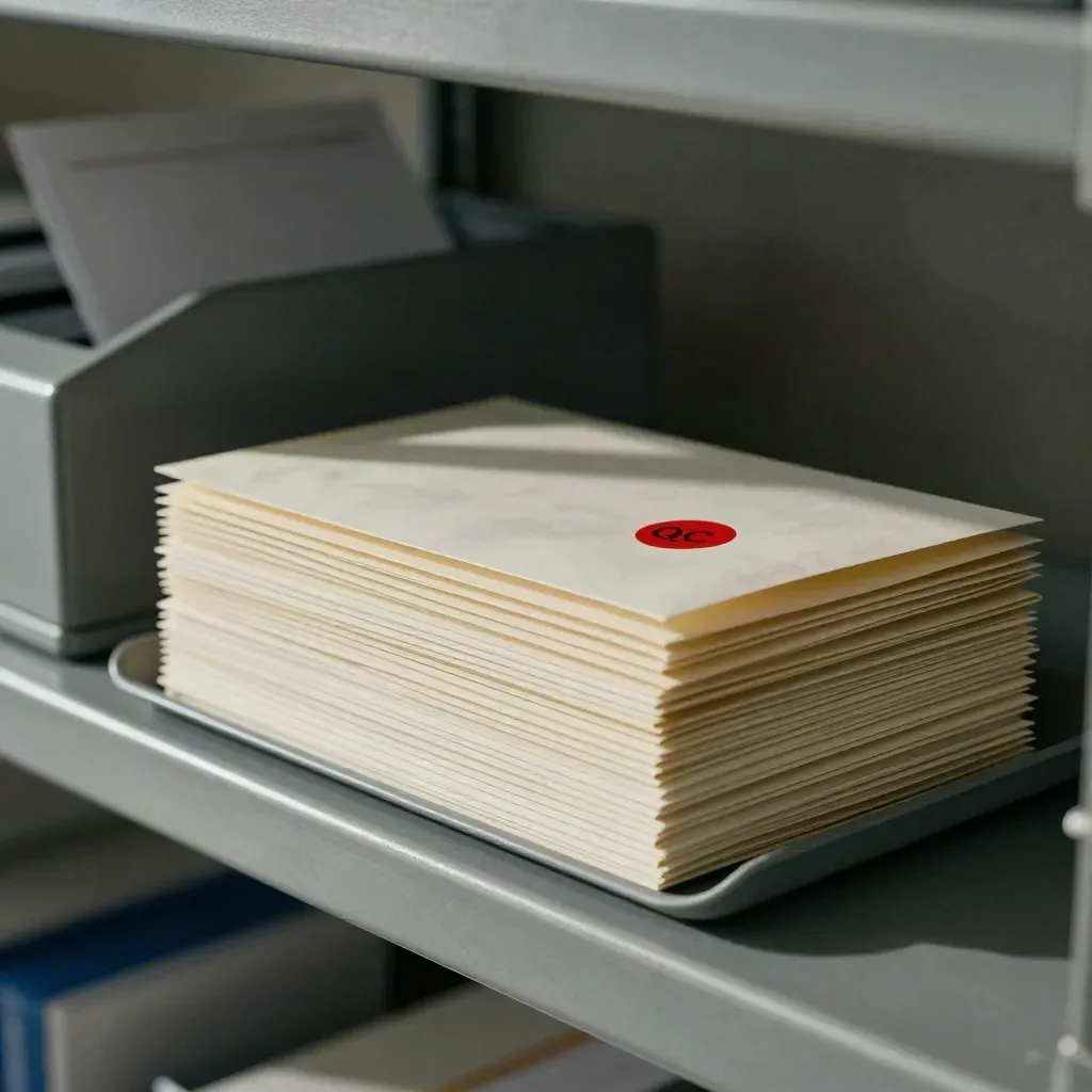 Macro of clinic refund sleeves, return trays and a red QC seal on a steel shelf.