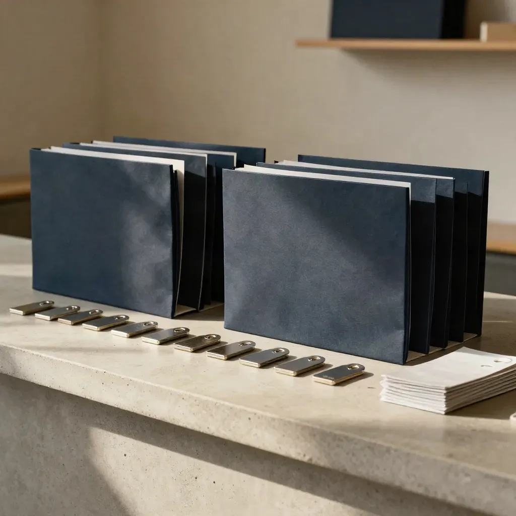 Matched cheque folders and deposit bags lined up on a concrete counter in a quiet finance room.