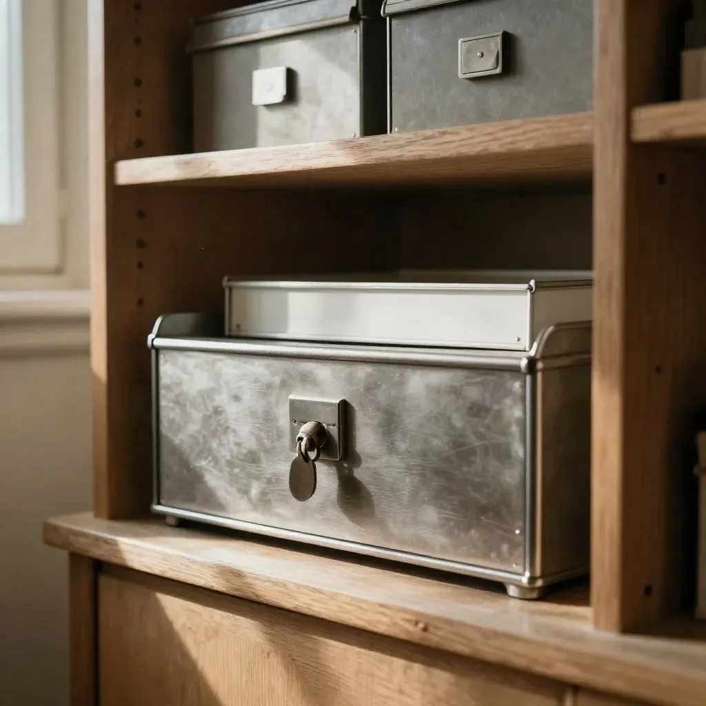 Secure archive cabinet with locked cheque drawer and sealed mail tray on pale oak.