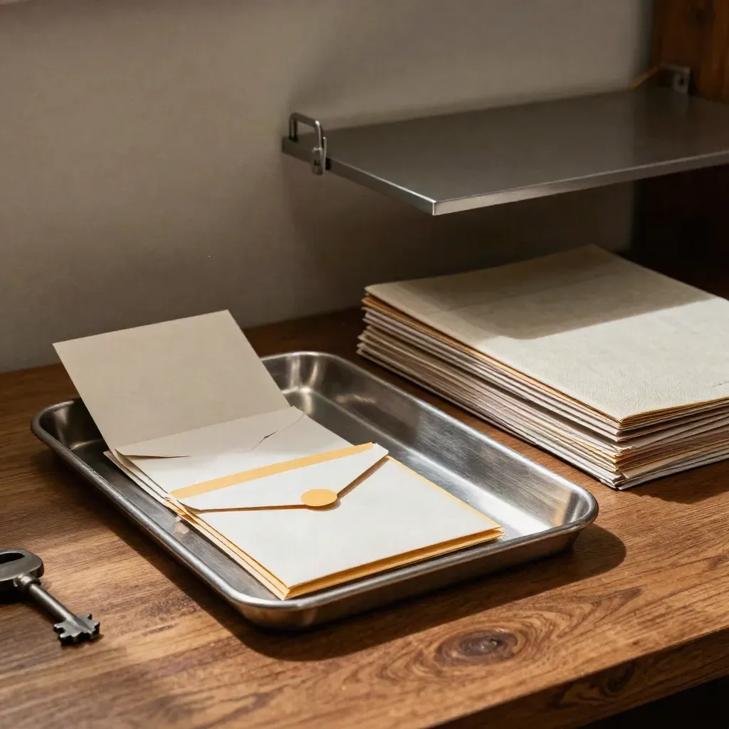 Silver reconciliation tray with matched envelopes and a closed ledger binder on an oak shelf.