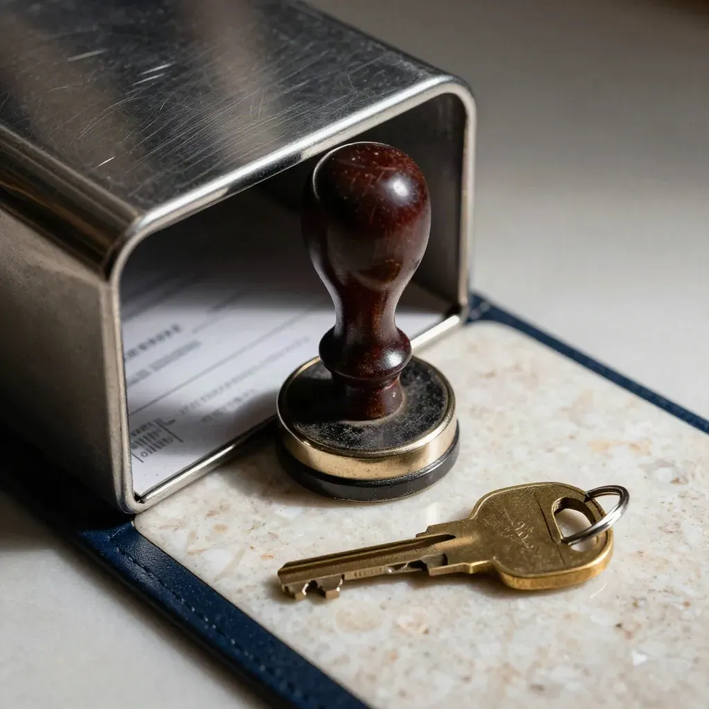 Macro still life of a steel cheque inbox, approval stamp, and brass key ring on travertine.