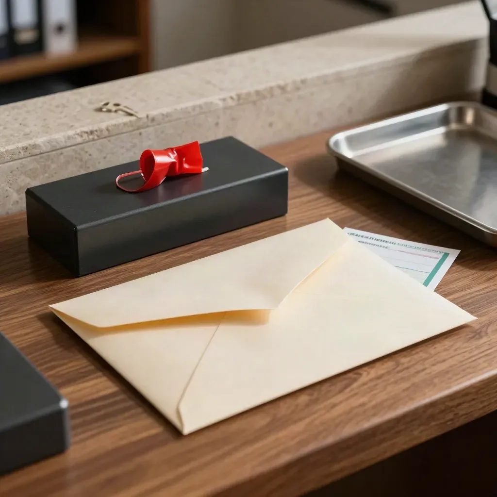 Anti-fraud review tools on walnut bench: red tamper seal, black block, envelope sleeve.