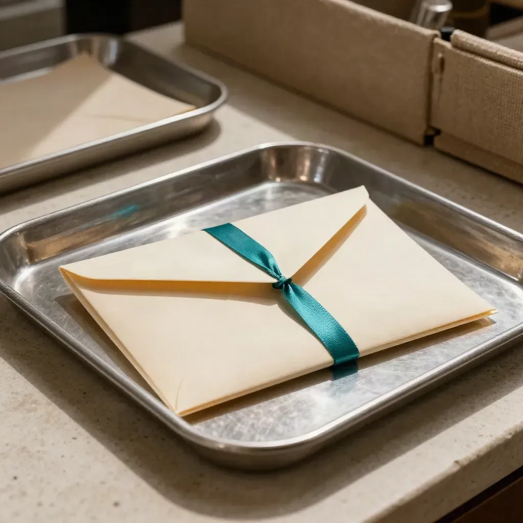 Cream cheque-mail bundle with teal ribbon in a brushed aluminum tray on stone.