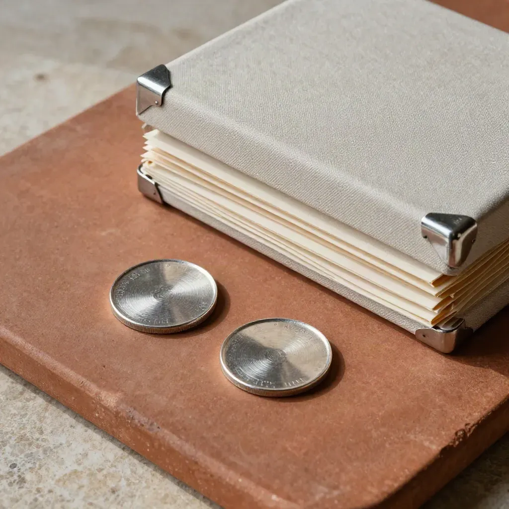 Top-down still life of silver tally chips, archive box and mail sleeves on a terracotta slab.