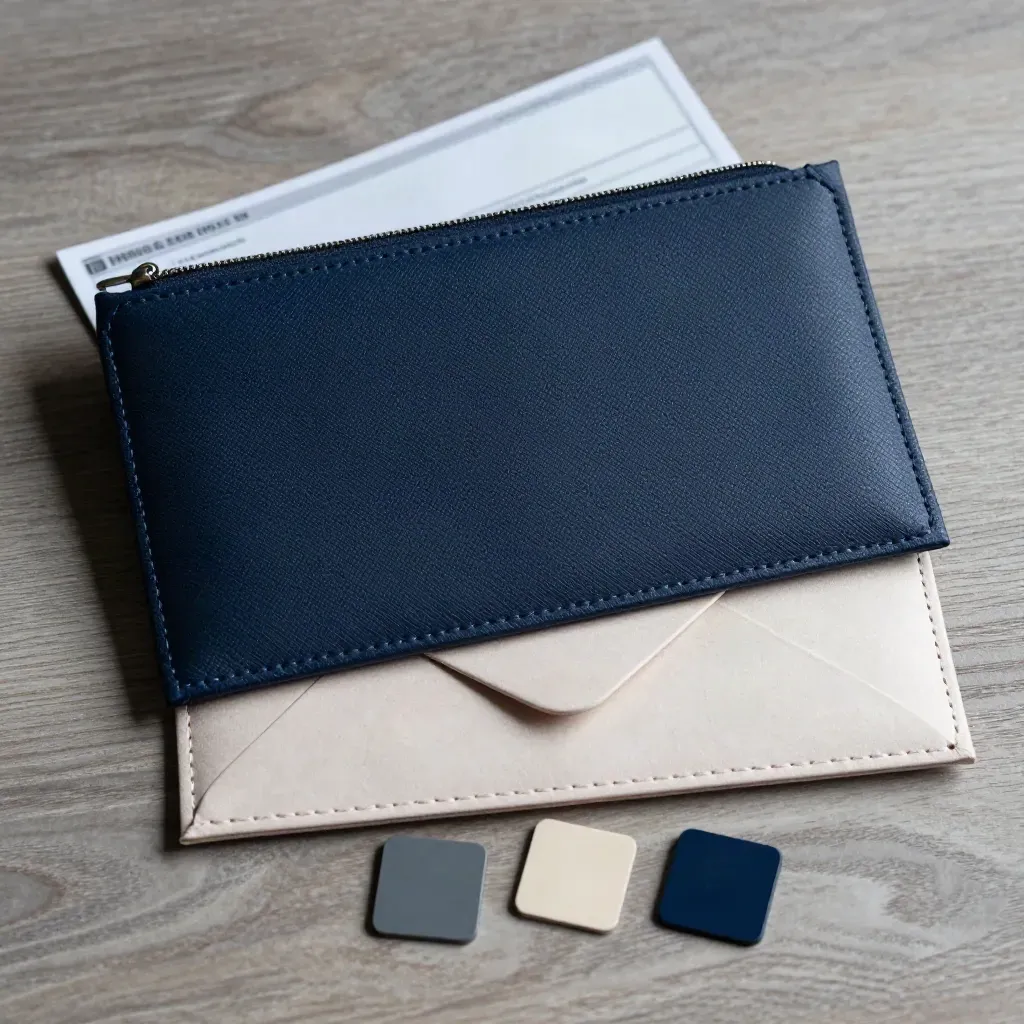 Secure submission pouch, envelope wallet, and three clip tokens on pale wood.
