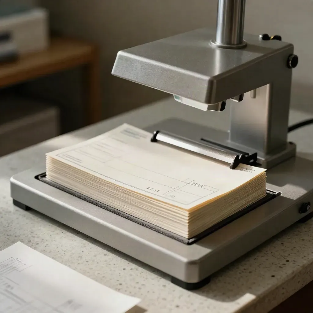 Overhead cheque inspection still life with security stock, lamp base and alignment cradle.