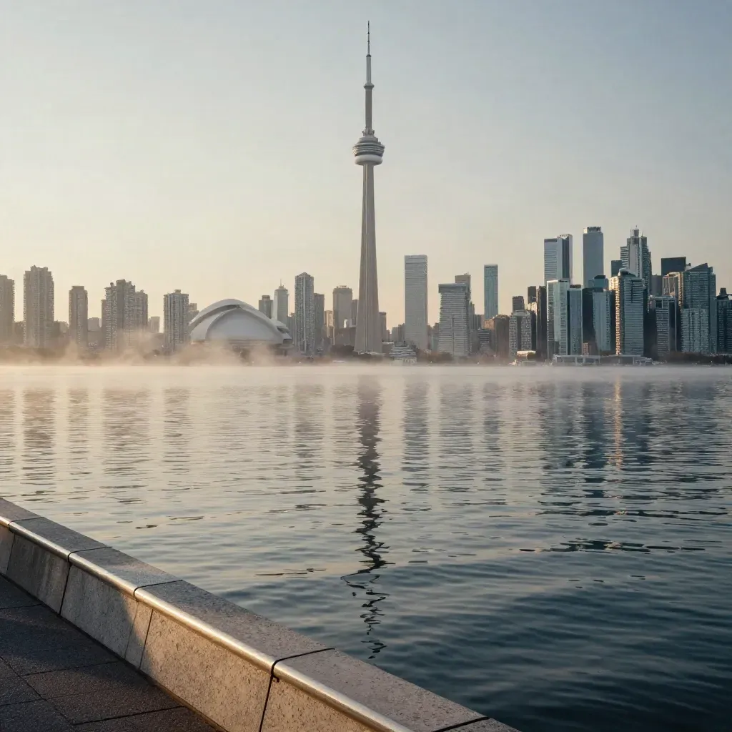 Toronto skyline and CN Tower over a misty lake at sunrise, with calm water below for copy.