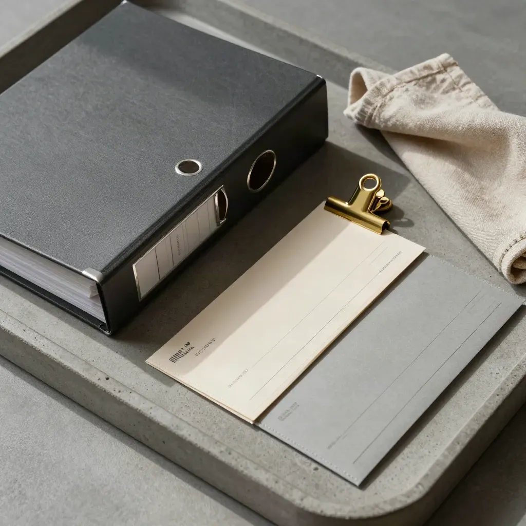 Closed archive binder, brass clip, and cheque sleeves on concrete tray in soft side light