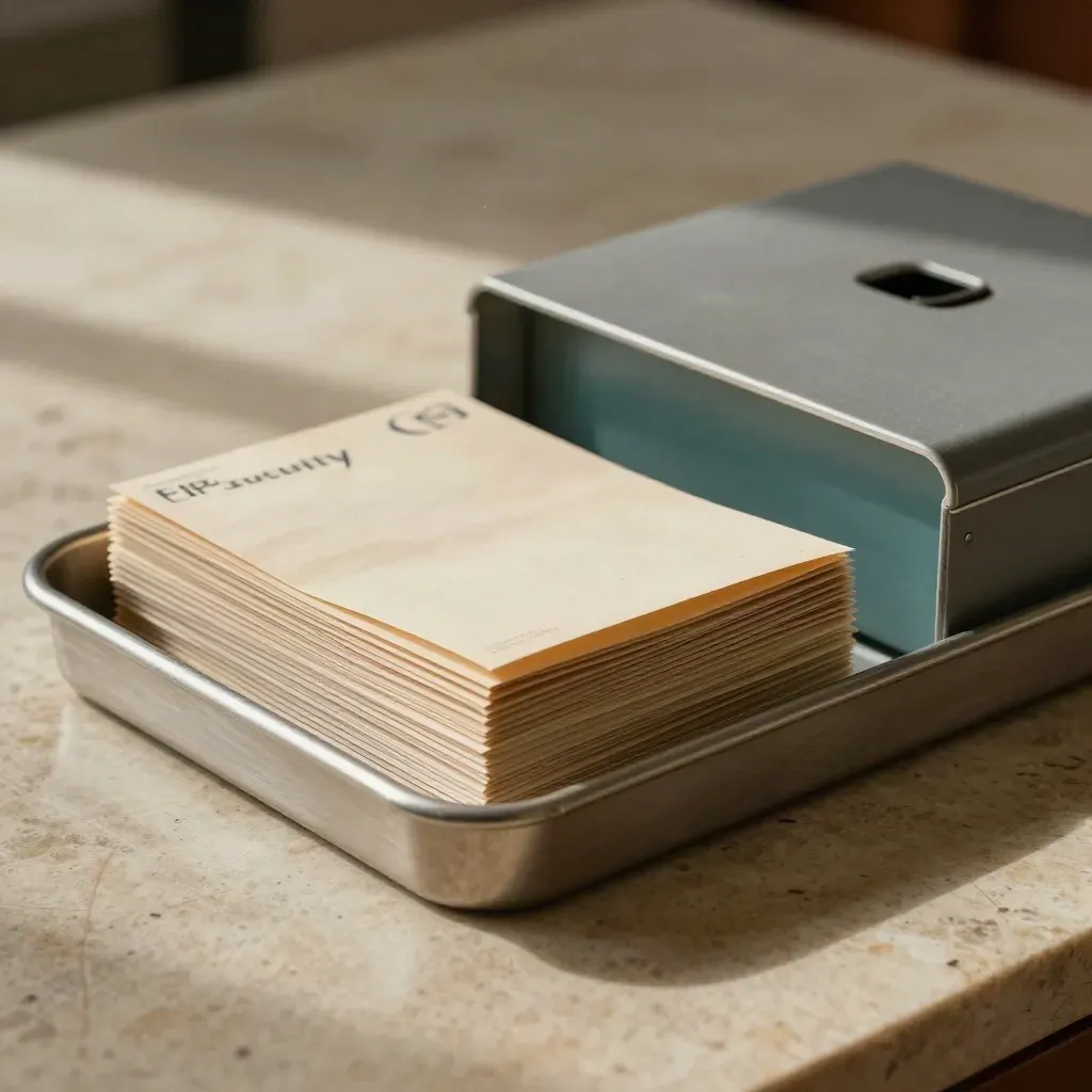 Sealed dispatch tray with folded mailers and a closed sorting bin on plaster.