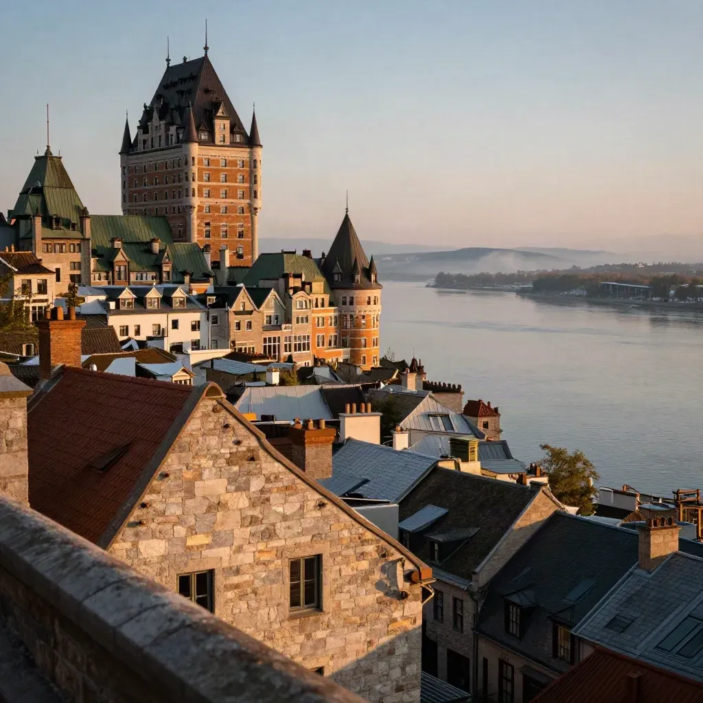 Quebec rooftops and Château Frontenac above the misty St. Lawrence at golden hour