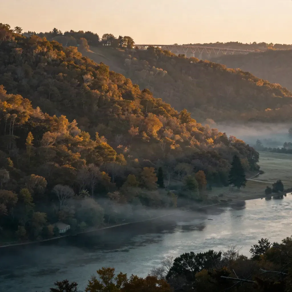 Foggy Hudson Valley ridge at dawn with a distant bridge and autumn trees