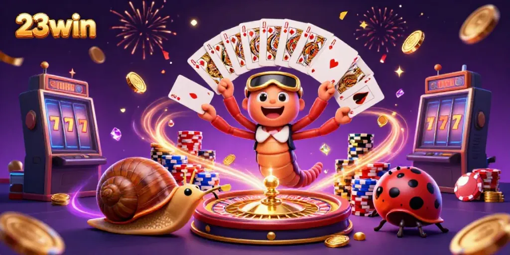 Experience thrilling action at 23win with a vibrant casino scene filled with characters, cards, and chips.
