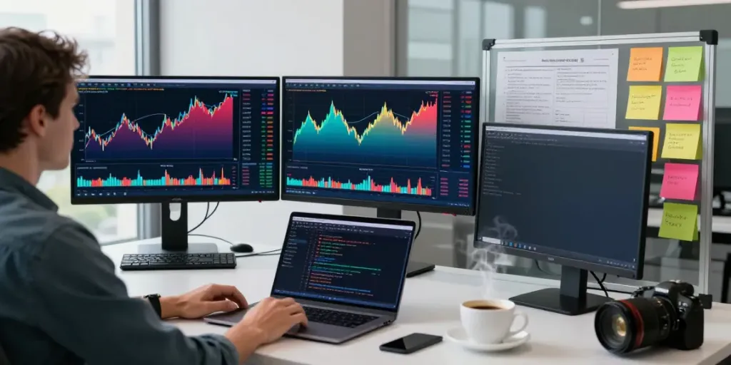 Trader using MetaTrader 5 in a modern office, analyzing financial charts and market data.