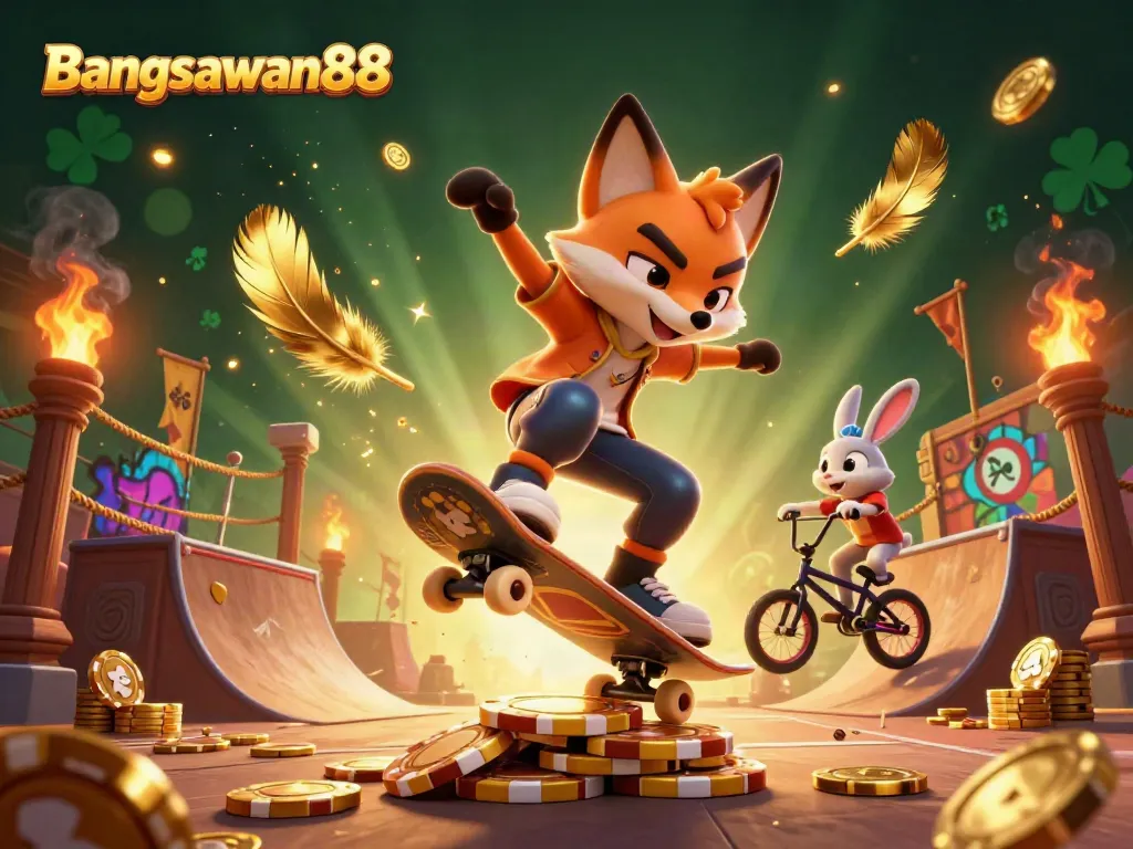 Bangsawan88 conveys a thrilling gaming scene with a skateboarder fox and BMX rabbit amid vibrant casino imagery.