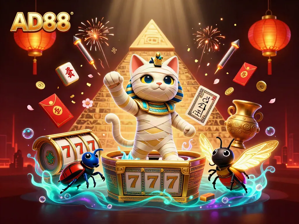 Experience the thrill of AD88 with a vibrant casino scene featuring a mummy cat, gold, and slot reels.