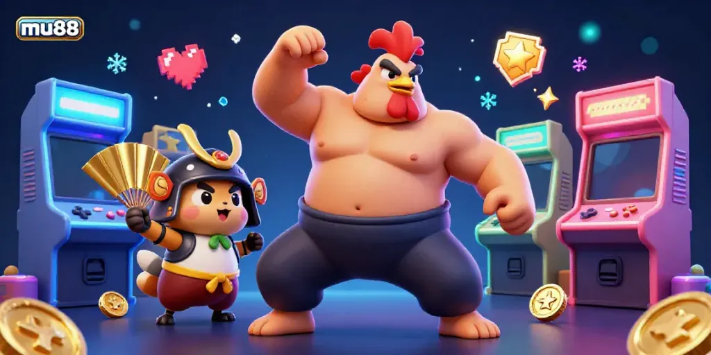 Experience the excitement of mu88 with a dynamic casino-themed illustration featuring a sumo wrestler rooster, a samurai cricket, and a tanuki announcer.