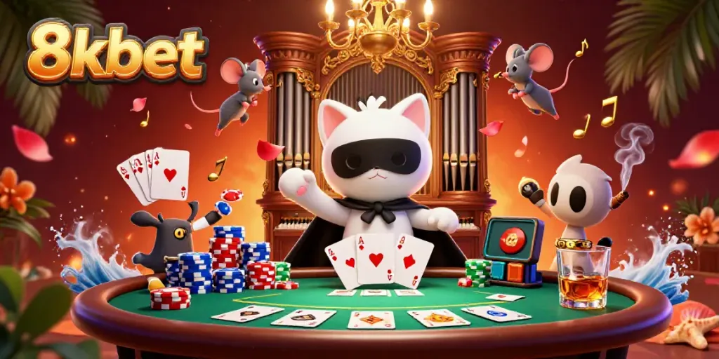 Engage in thrilling gameplay with 8xbet's vibrant casino scene featuring poker elements and animated characters.
