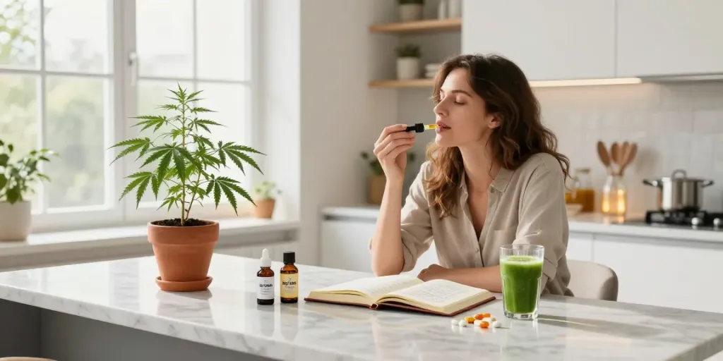 sg lana CBD oil tincture in a bright kitchen with fresh hemp and wellness items, reflecting natural health habits.