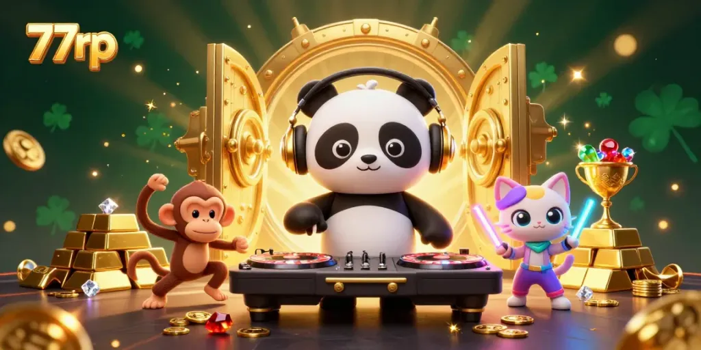 Engage with thrilling casino adventures at 77rp featuring a vibrant DJ panda and dazzling treasure elements.