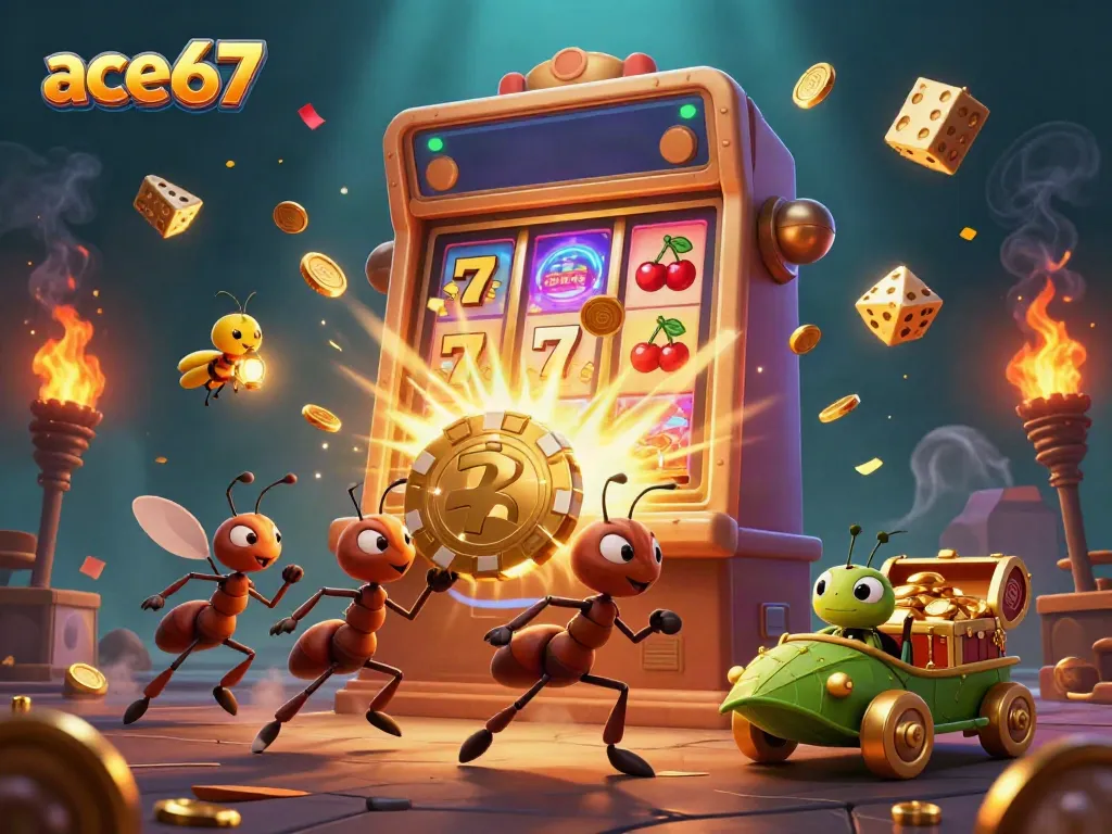 Experience the thrill at ace67 with a heist scene featuring ants, golden poker chips, and a rich casino backdrop.